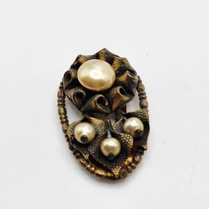 Vintage Antique Ornate Dress Clip Faux Pearls Flowers Antiqued Gold Tone